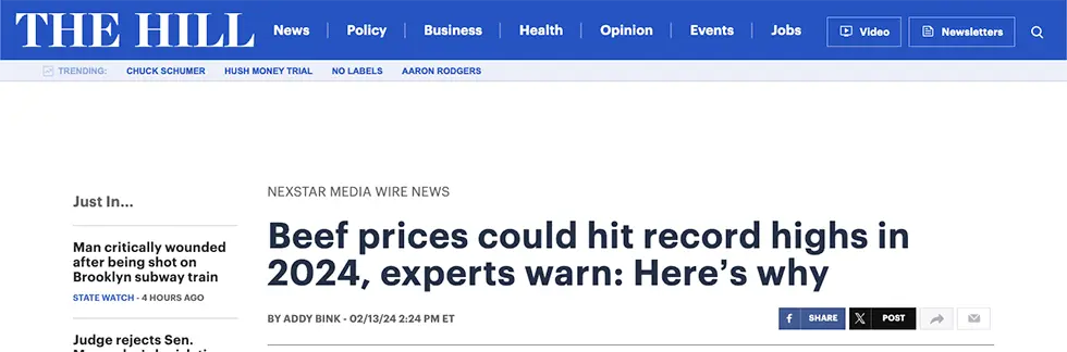 The Hill - Beef Prices could hit record highs in 2024, experts warn