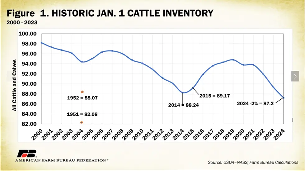 Graph Figure with Historic Cattle Inventory for 1st of January for years 2000-2023